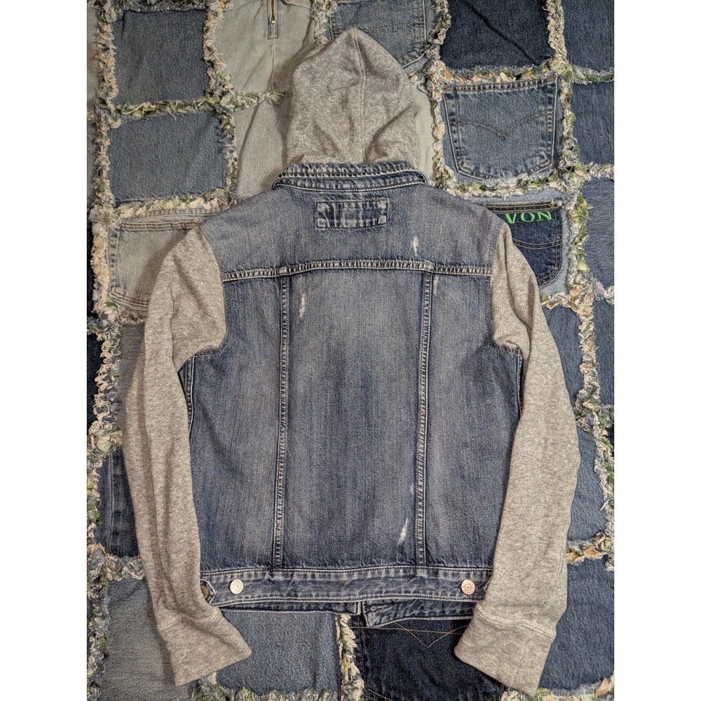 Express Jeans Denim Jacket Hoodie Womens Medium Blue Trucker Distressed Biker - Picture 6 of 6